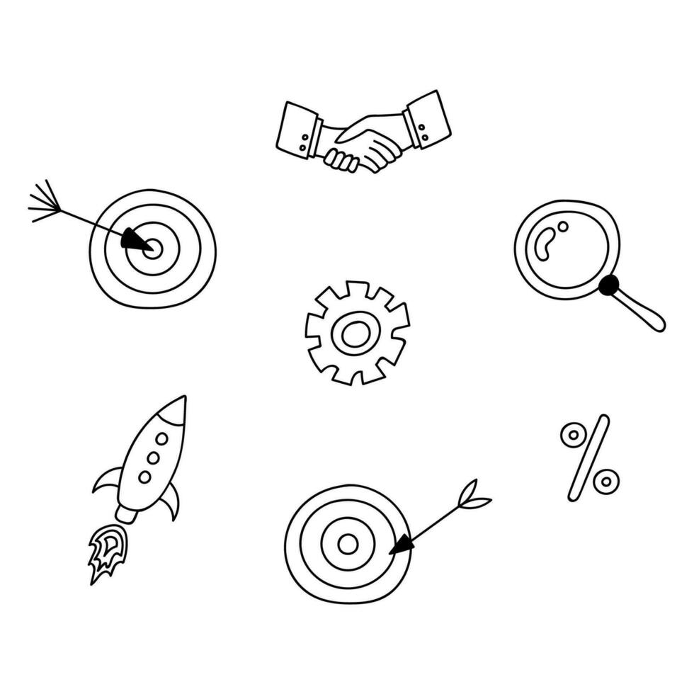 Set of business icons in cute doodle style. About business processes, goals, analyzing, searching information, launching projects. Vector hand drawn illustrations isolated on background.