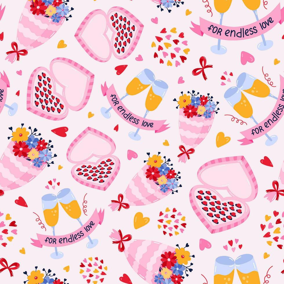 Vector seamless hand drawn pattern with heart shaped box of chocolates, clink glasses, bouquet of flowers. Valentine's day illustrations. For wrapping paper, bedclothes, notebook, packages, gift paper