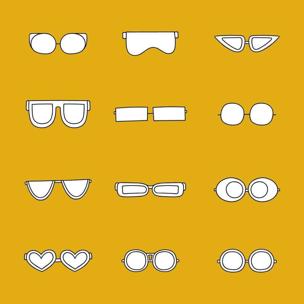 Hand drawn cute and trendy doodle of sunglasses for summer season. Accessories against bright sun and ultraviolet. Vector illustration isolated on the background