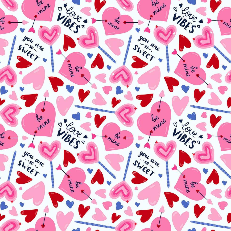 Cute and colorful vector seamless hand drawn pattern with lettering, heart pierced by arrow, lollipop. Valentine's day illustrations. For wrapping paper, bedclothes, notebook, packages, gift paper