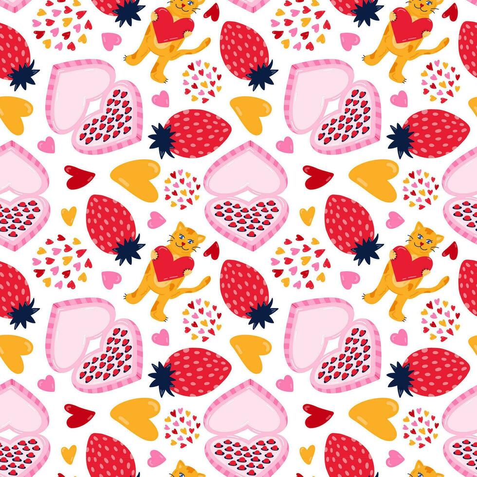 Cute vector seamless hand drawn pattern with can with heart, heart shaped box of chocolates, strawberry. Valentine's day illustrations. For wrapping paper, bedclothes, notebook, packages, gift paper
