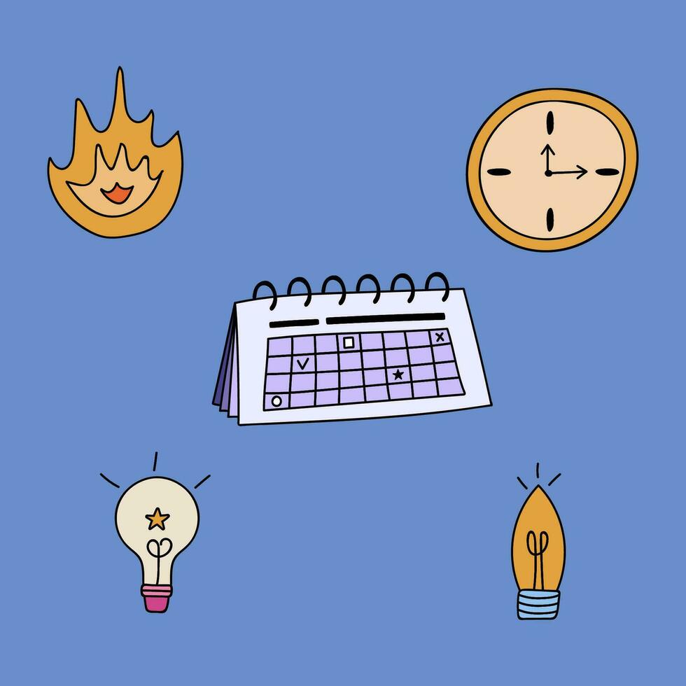 Set of business icons in cartoon hand drawn style about planning business project, duration of it, time and deadline for tasks, different brilliant ideas. Isolated on background. vector