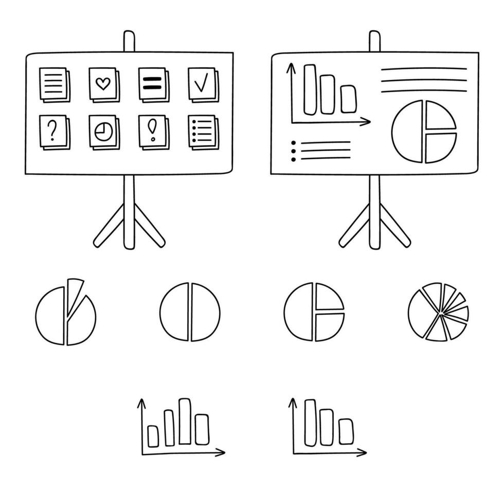 Cute hand drawn doodle set of chart, flipchart, diagram. Infographic business element for presentations, statistic, reports. Vector illustration isolated o background with hand drawn doodle outline.