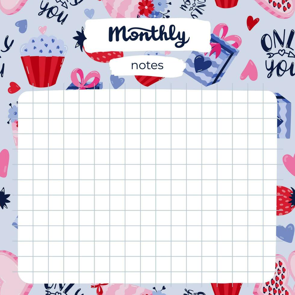 Cute scrapbook templates for planner. Notes, to do, to buy, to read with illustrations about love, romance, Valentine's day. With printable, editable illustrations. For school and university schedule vector