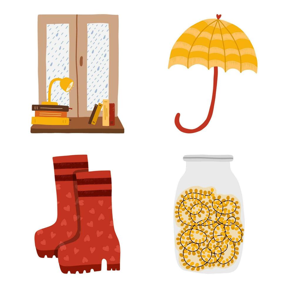 Set of cozy autumn symbols. Jar with a ligted garland, window with rain behind and books, lamp on the windowsill, funny umbrella, rubber boots. Hygge hand drawn illustration isolated on background. vector