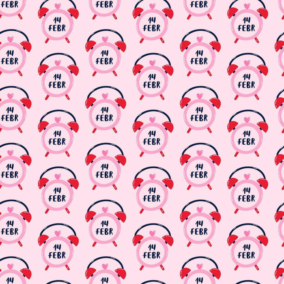 Vector seamless hand drawn pattern with trendy alarm o'clock with date of 14 of February on clock face. Valentine's day illustrations. For wrapping paper, bedclothes, notebook, packages, gift paper