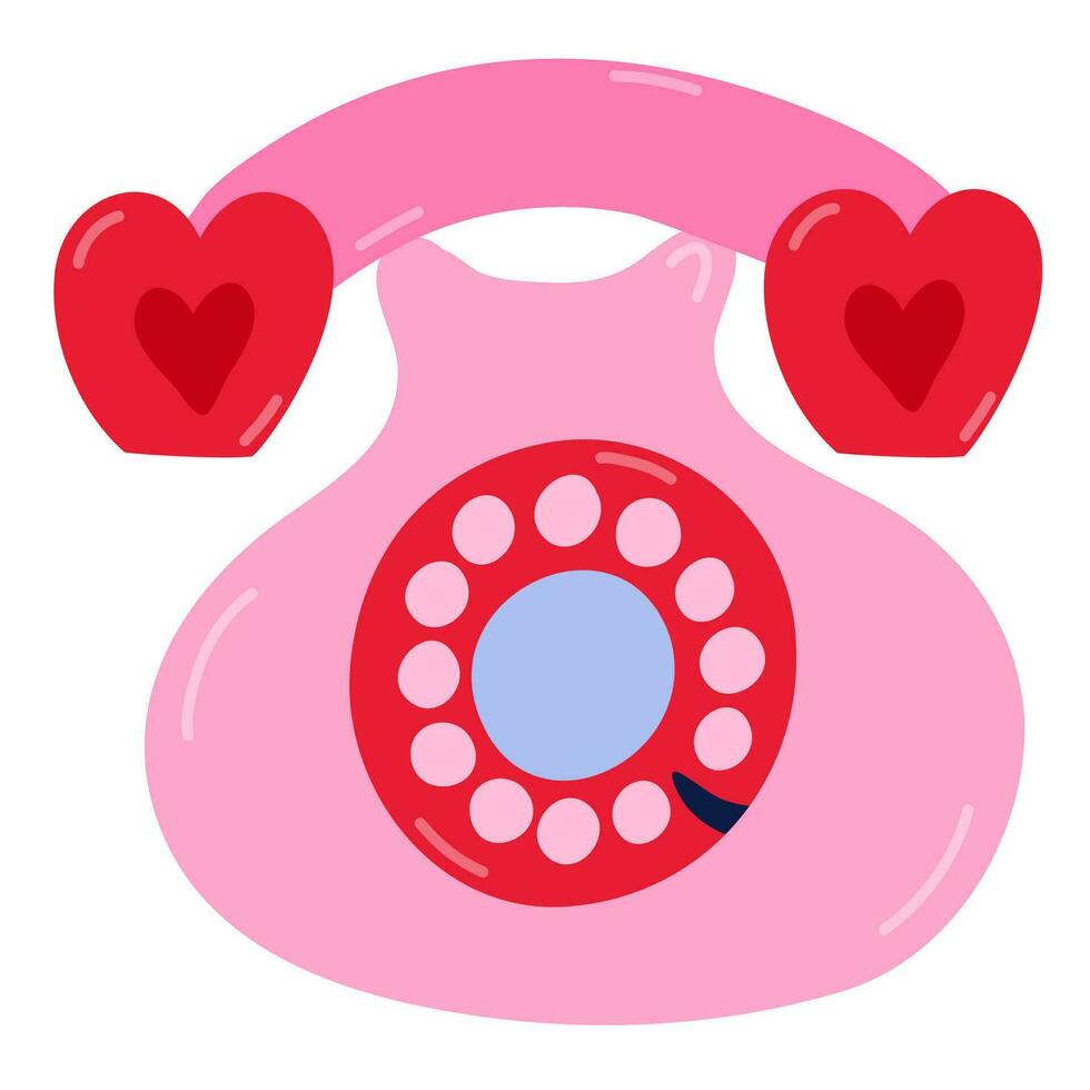 Cute retro telephone clipart with dial and hearts. Hand drawn vector illustration isolated on background. Concept of love, romance, 14 of February. For Valentine's day card, sticker, media scrapbook.