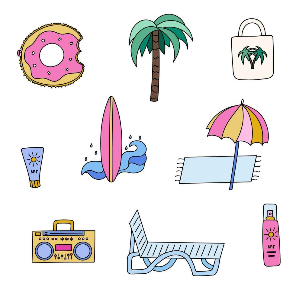 Cute and colorful summer doodle set for beach party. Vacation at the sea, ocean, traveling, relaxing. Hand drawn vector illustrations isolated on the background.