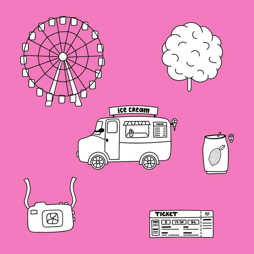 Cute doodle set with amusement park at the carnival. Park with ferris wheel, ice cream van. Simple colorful clipart with hand drawn outline isolated on the background. Sign of family vacation. vector