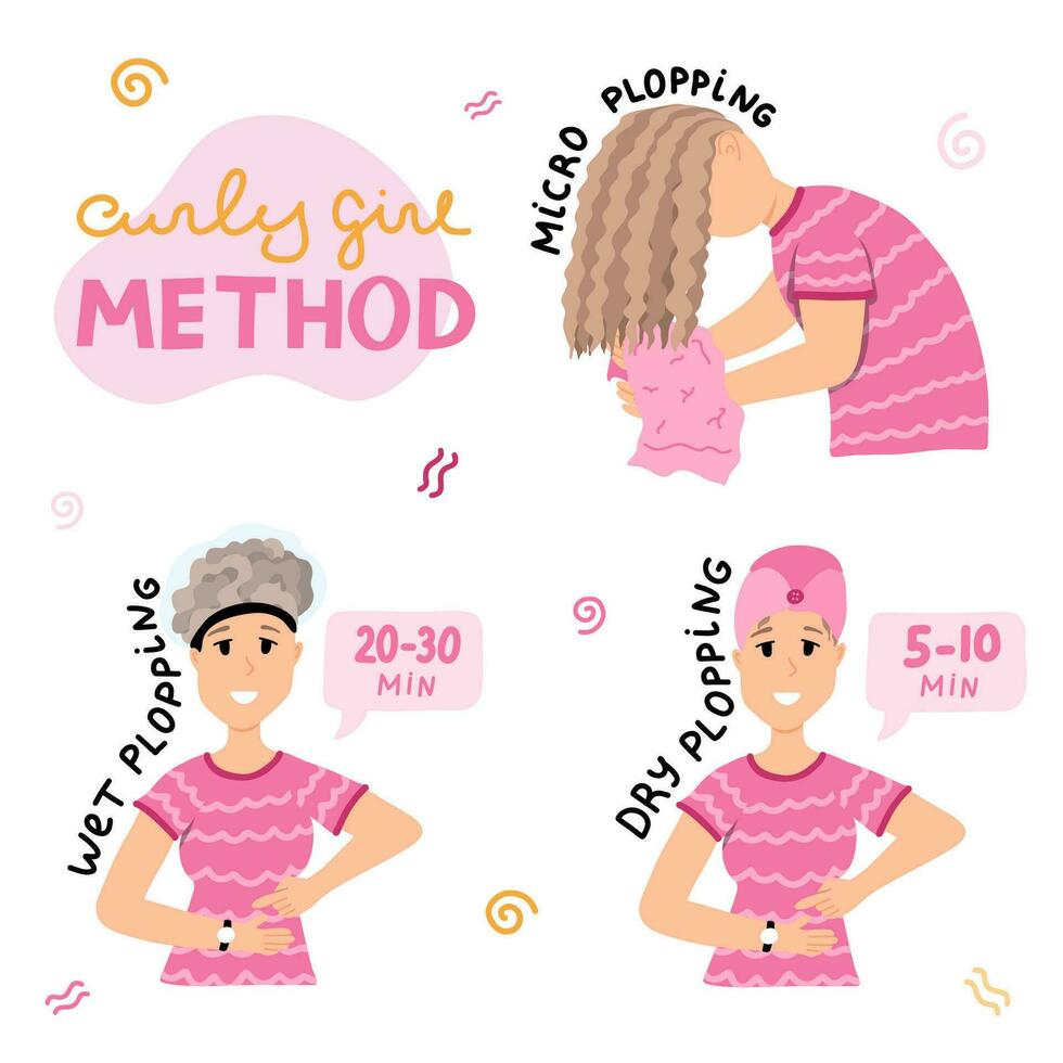 Design concept with different ways of plopping for Curly Girl Method. Women and girls care curly, wavy and frizzy hair. Curly hair routine - micro, dry and wet plopping for moisturizing or styling. vector