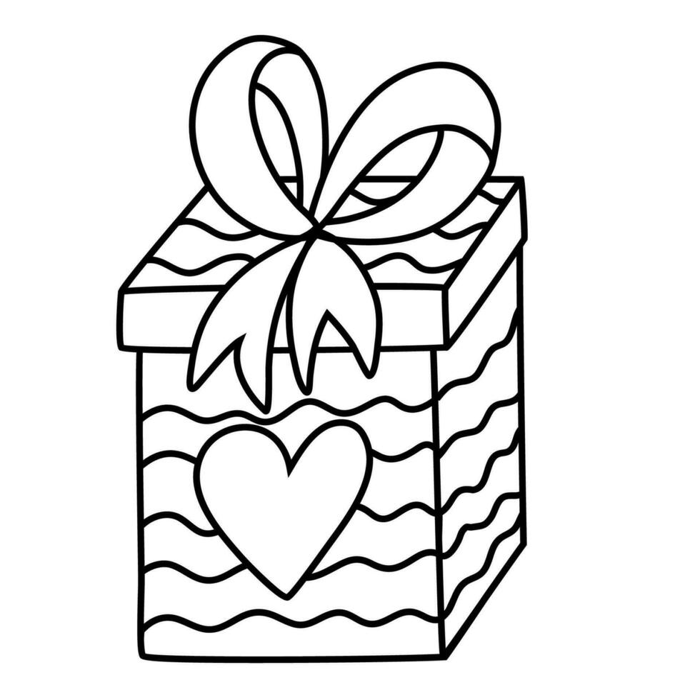 Cute closed gift box with ribbons and big bow. Hand drawn vector doodle isolated on background. Concept of love, romance, surprise. For Valentine's day card, stickers, social media, scrapbook.