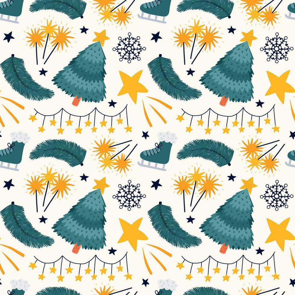 Cute Christmas seamless pattern with vector hand drawn illustrations of Christmas tree, fir branch, skates, garland, star. Can be used for wrapping paper, bedclothes, notebook, packages, gift paper.