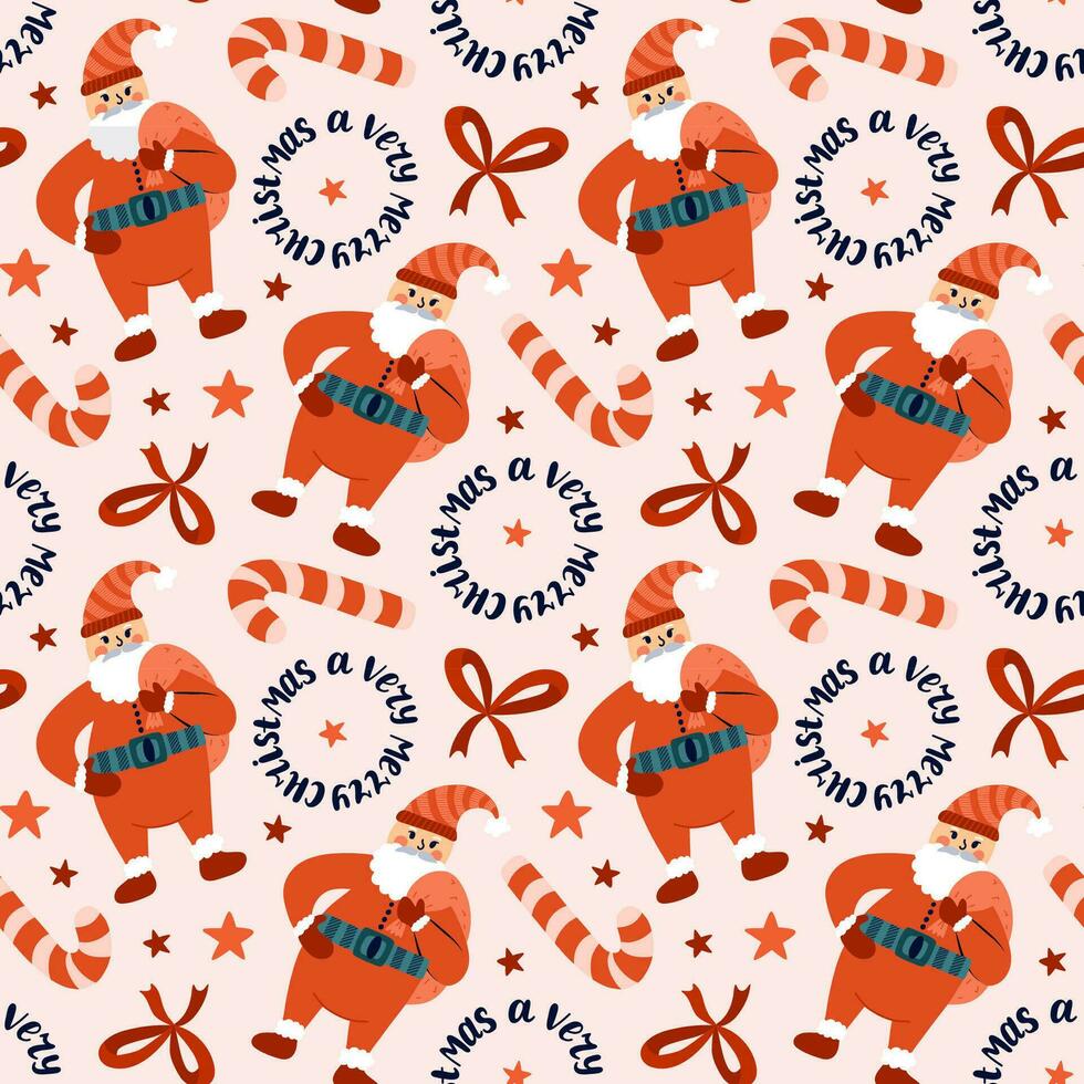 Cute Christmas seamless pattern with vector hand drawn holiday illustrations of funny Santa claus, candy cane, bow, lettering, stars. Can be used for wrapping paper, bedclothes, notebook, packages