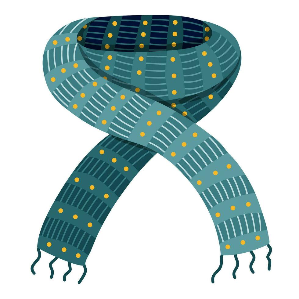 Cute knitted scarf with stripes and dots. Winter and autumn warm woolen knitwear for cold weather. Hand drawn vector clipart isolated on background. Winter clothes and accessories. Wool neckerchief.