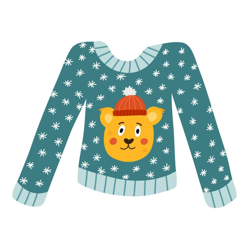 Cute warm knitted sweater with snowflakes and funny bear in the hat. Woolen pullover for cold winter season. Knitwear, handmade Christmas garment, ugly sweater. Hand drawn vector isolated clipart.