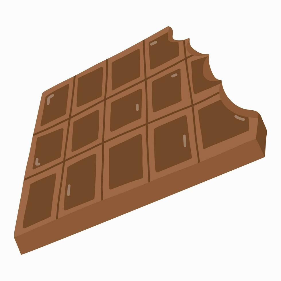 Cute hand drawn illustration of bitten dark chocolate bar. Unwrapped square pieces of chocolate. Cocoa organic product. Vector clipart in trendy naive style isolated on background. Sweet food.