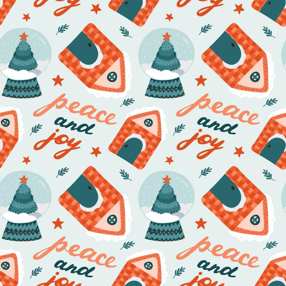 Cute Christmas seamless pattern with vector hand drawn holiday illustrations of winter village house, lettering, snow globe. Can be used for wrapping paper, bedclothes, notebook, packages, gift paper.