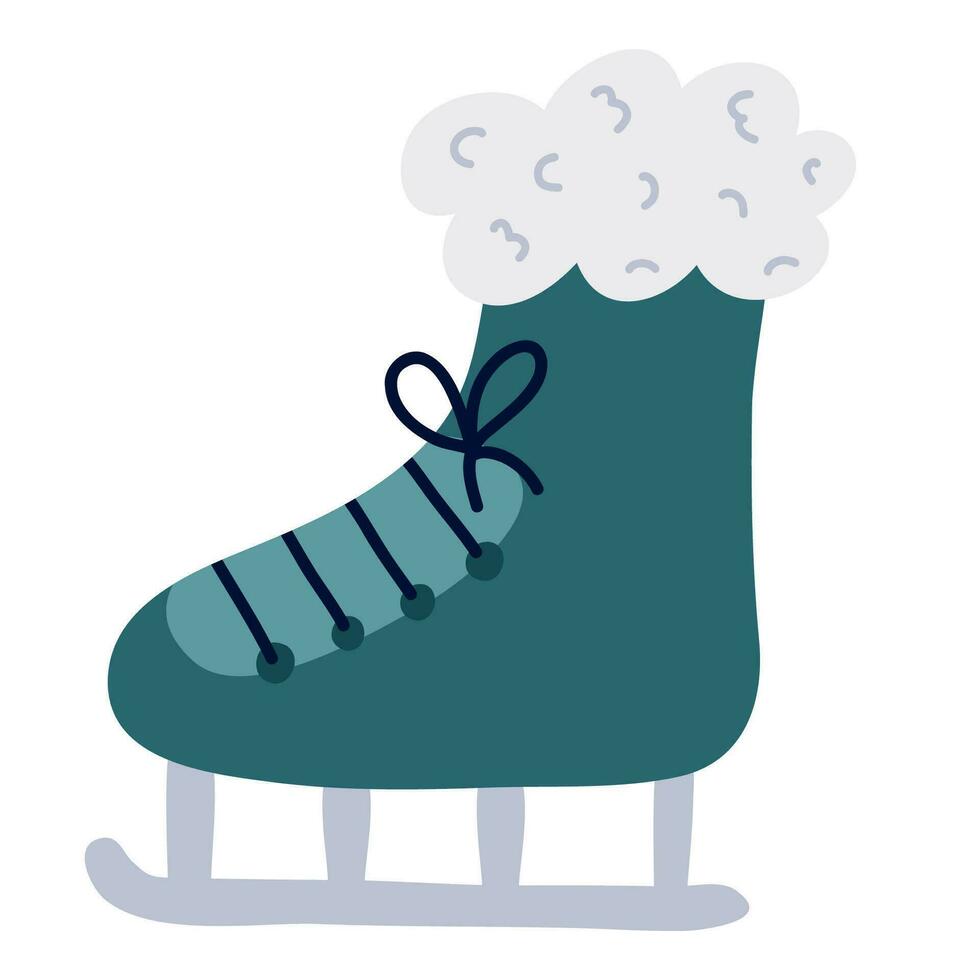 Cute hand drawn ice skate with fur, lace and steel blade. Stylized illustration vector of shoe for wintertime active sport, recreation, fun ice skating. Symbol of winter, merry Christmas and holiday