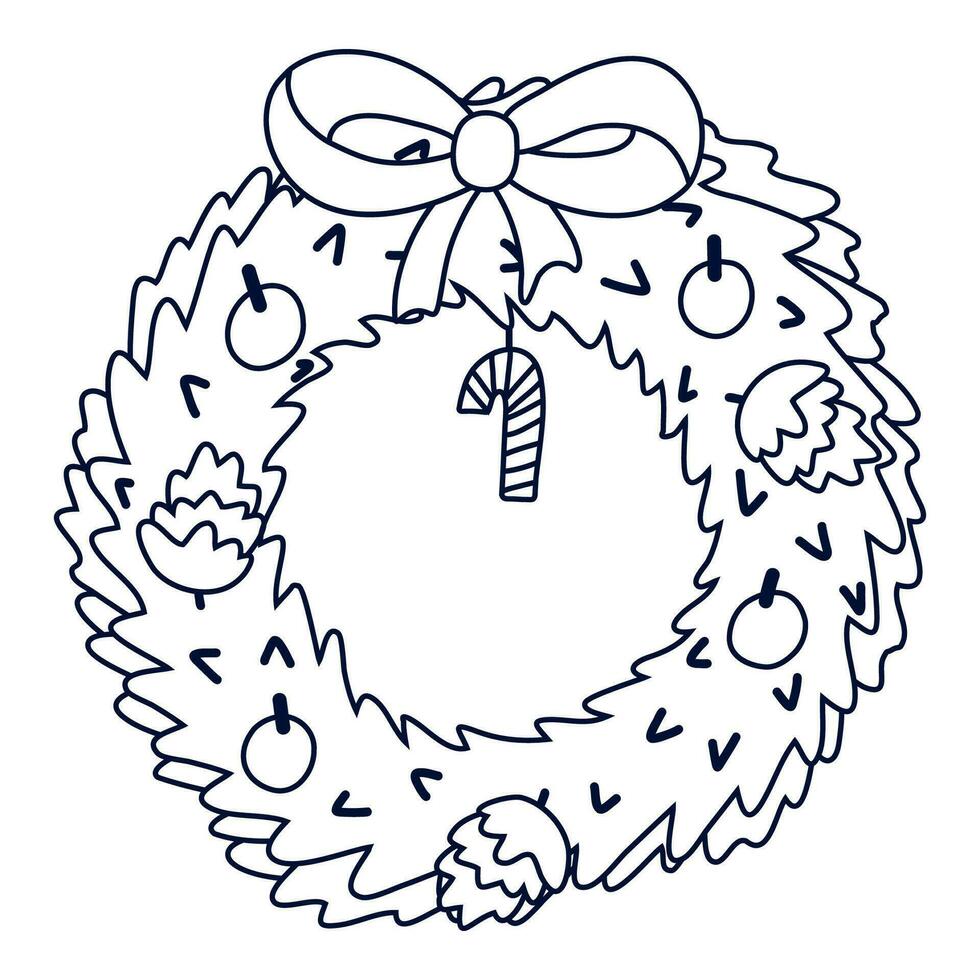 Cute Christmas wreath. Traditional decoration for Christmas eve and New Year. Holiday lush pine wreath with bow of red ribbon, candy cane, cones and Christmas toys. Hand drawn isolated vector doodle.