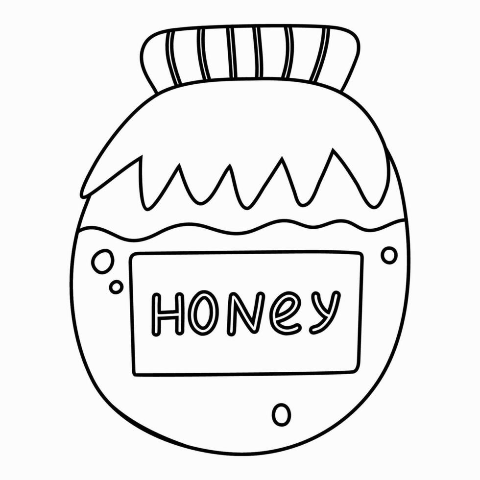 Cute honey in glass jar with checkered towel in trendy naive style. Popular dessert. Organic natural sweets for breakfast and tea. Vector hand drawn doodle illustration isolated. Cafe menu