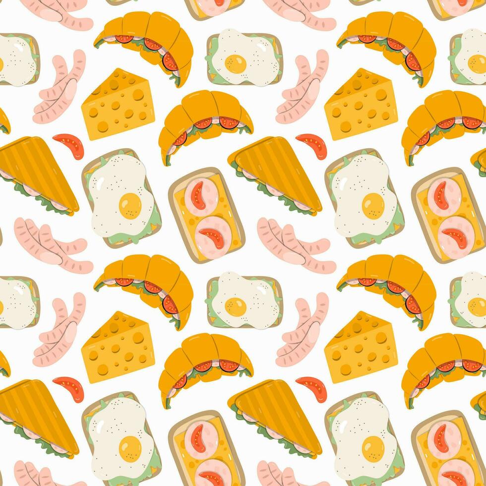 Cute and colorful vector seamless hand drawn pattern with croissant with ham and salad, cheese, sausage, toast and sandwich with egg. For wrapping paper, bedclothes, notebook, packages, gift paper.