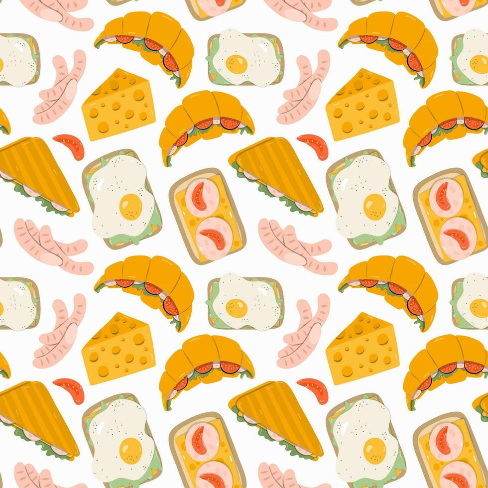 Cute and colorful vector seamless hand drawn pattern with croissant with ham and salad, cheese, sausage, toast and sandwich with egg. For wrapping paper, bedclothes, notebook, packages, gift paper.