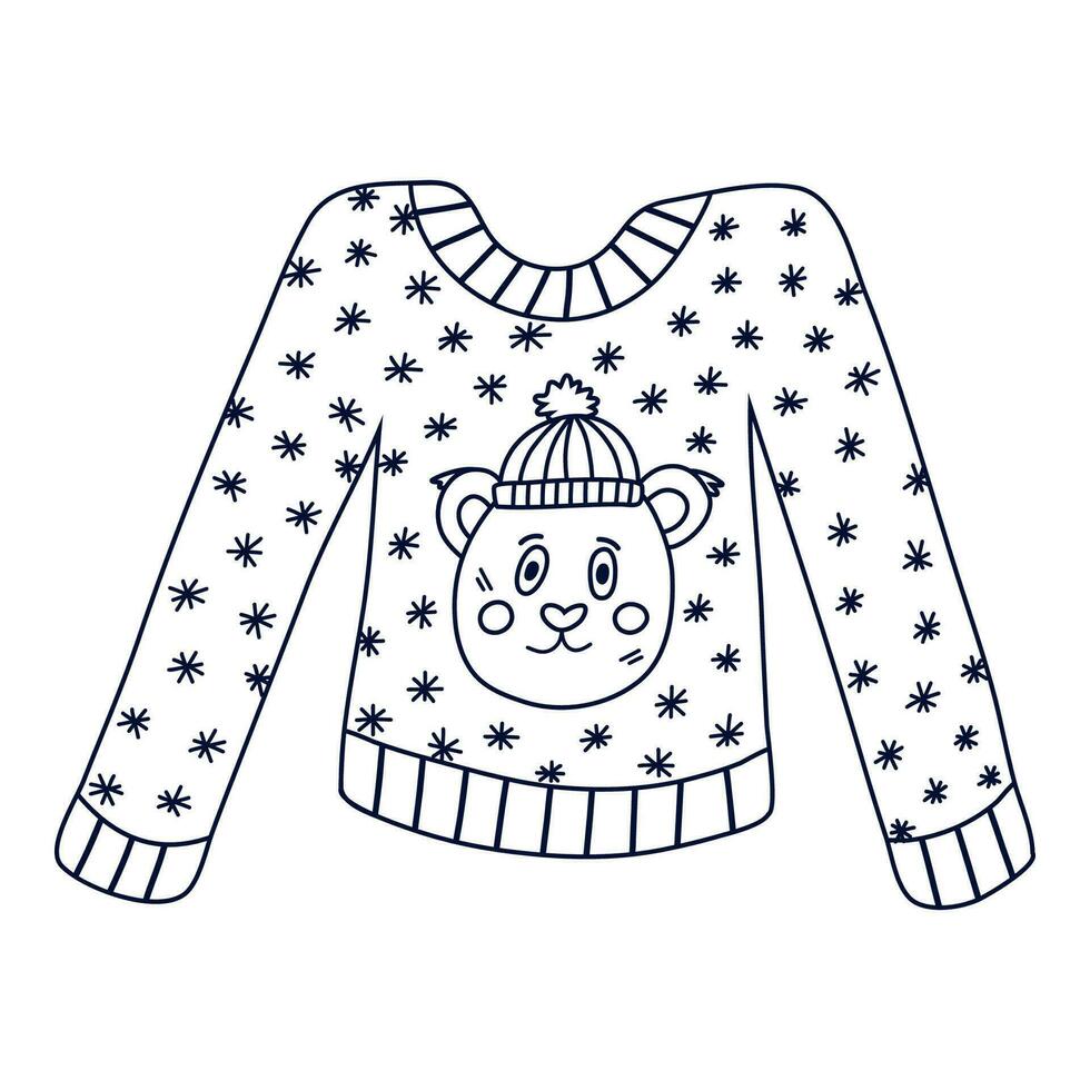 Cute warm knitted sweater with snowflakes and funny bear in the hat. Woolen pullover for cold winter season. Knitwear, handmade Christmas garment, ugly sweater. Hand drawn vector isolated doodle.