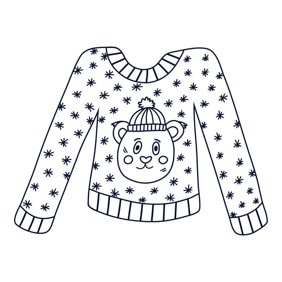 Cute warm knitted sweater with snowflakes and funny bear in the hat. Woolen pullover for cold winter season. Knitwear, handmade Christmas garment, ugly sweater. Hand drawn vector isolated doodle.