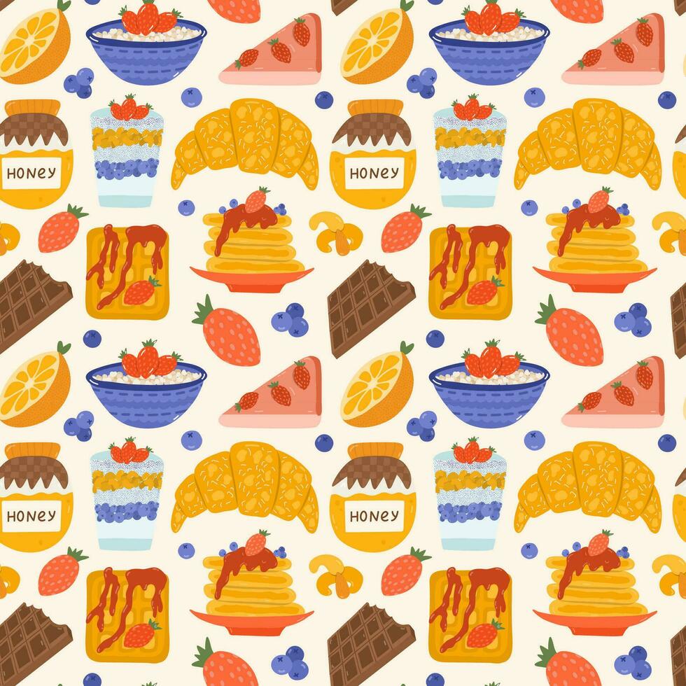 Cute vector seamless hand drawn pattern with croissant, chocolate, chia yogurt, cheesecake, pancakes and other sweet food. Can be used for wrapping paper, bedclothes, notebook, packages, gift paper.