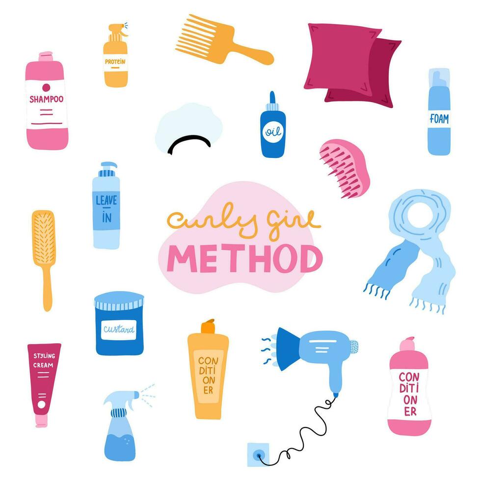 grande conjunto con cosmético productos para Rizado niña método. accesorios y botellas para limpieza, acondicionamiento, peinado rizado cabello. productos cosméticos para sano ondulado, ola cabello. linda clipart. mano dibujado vector. vector