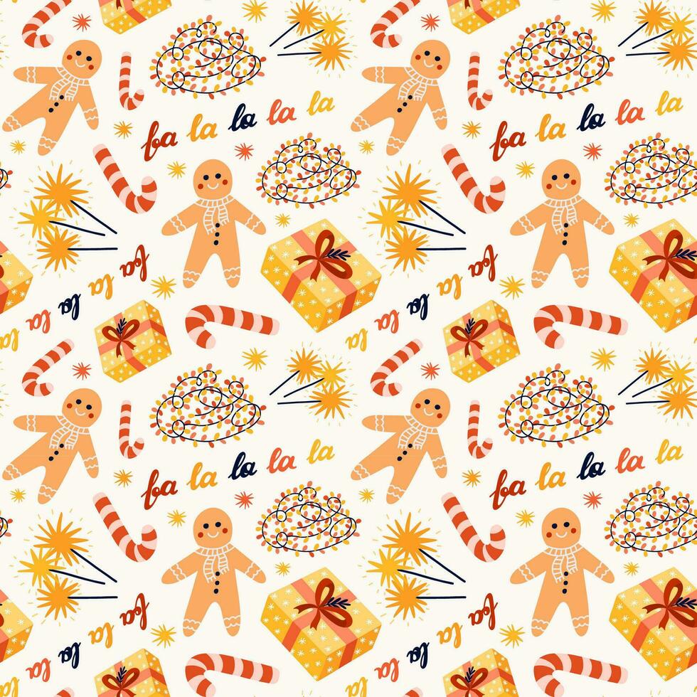 Cute Christmas seamless pattern with vector hand drawn holiday illustrations of gingerbread man, candy cane, lights, lettering, gift. Can be used for wrapping paper, bedclothes, notebook, packages.