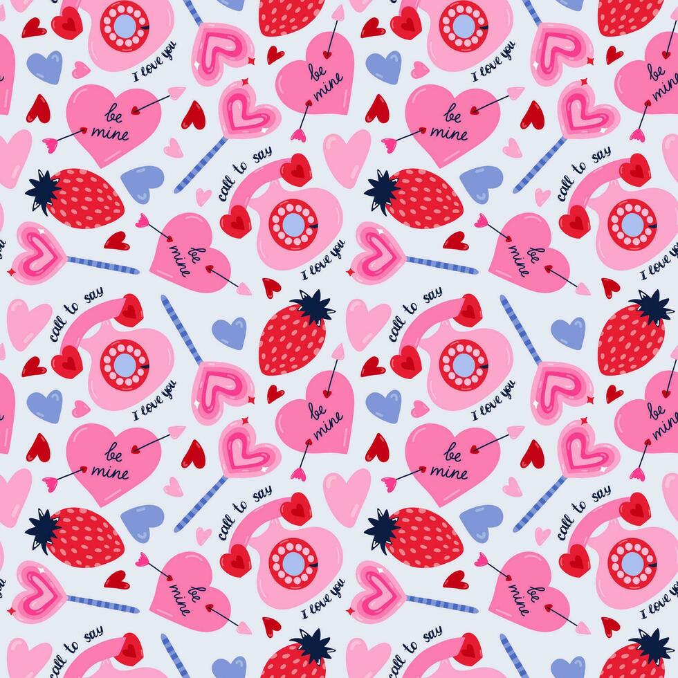 Cute, colorful vector seamless hand drawn pattern with retro phone, heart pierced by arrow, strawberry. Valentine's day illustrations. For wrapping paper, bedclothes, notebook, packages, gift paper