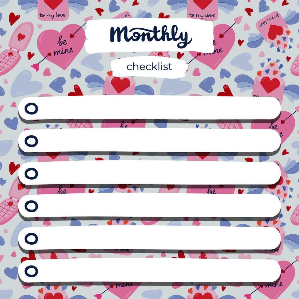 Cute scrapbook templates for planner. Notes, to do, to buy, to read with illustrations about love, romance, Valentine's day. With printable, editable illustrations. For school and university schedule vector