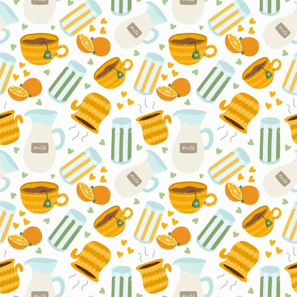 Cute and colorful vector seamless hand drawn pattern with glass of squeezed orange juice, smoothie, coffee, tea and milk. Can be used for wrapping paper, bedclothes, notebook, packages, gift paper.