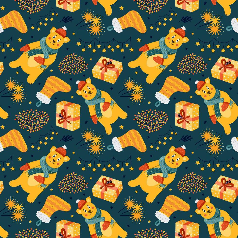 Cute Christmas seamless pattern with vector hand drawn illustrations of cute bear in winter clothes, garland, gift, sparkles, stocking. Can be used for wrapping paper, bedclothes, notebook, packages