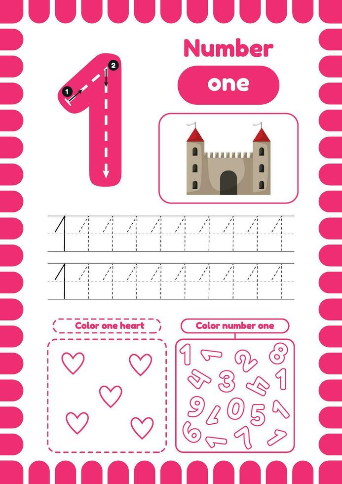Kida activity pages. Learn numbers. Preschool worksheets. Number one. castle vector