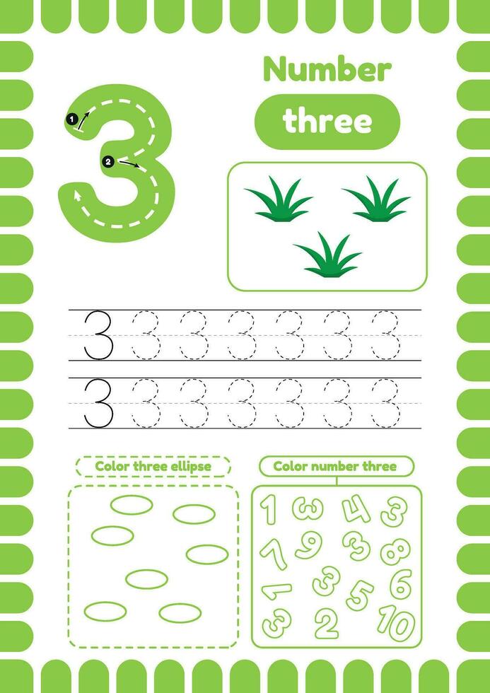 Kida activity pages. Learn numbers. Preschool worksheets. Number three. grass vector