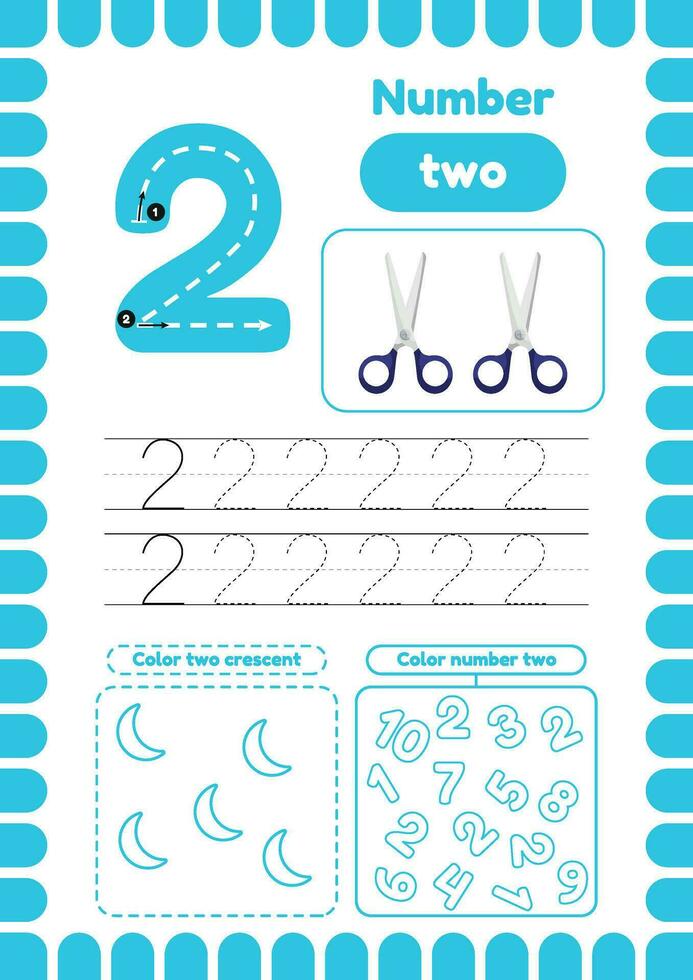 Kida activity pages. Learn numbers. Preschool worksheets. Number two. scissors vector