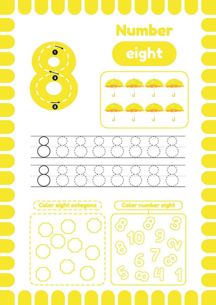 Kida activity pages. Learn numbers. Preschool worksheets. Number eight. Umbrella vector