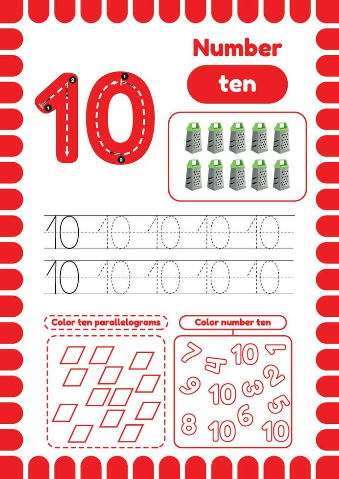 Kida activity pages. Learn numbers. Preschool worksheets. Number ten. Grater vector