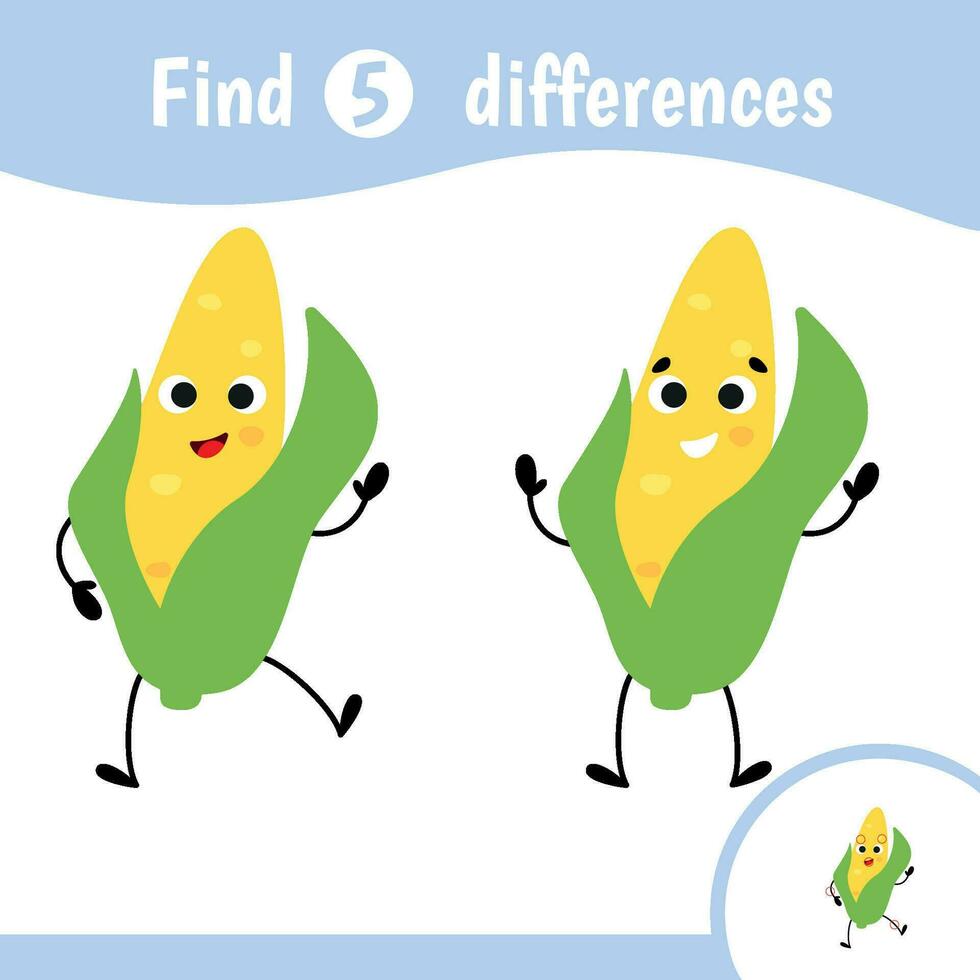 Find differences for kids. Educational game for children. Cartoon vector illustration of cute funny vegetables with faces. Corn