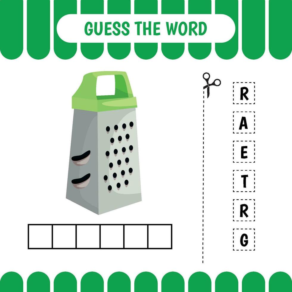 Guess the word educational learning game for preschool kids.  Grater. Activity page. Word puzzle. Developing worksheet. vector