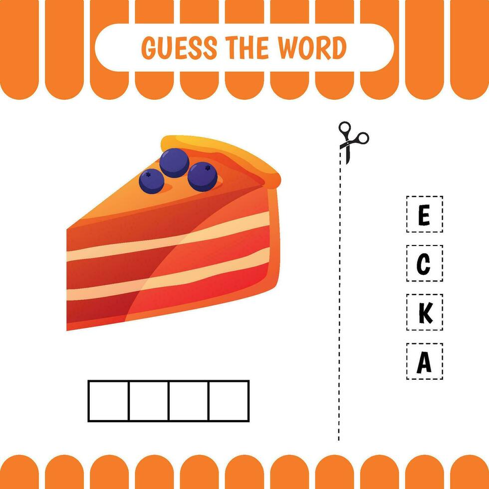 Guess the word educational learning game for preschool kids.  Cake. Activity page. Word puzzle. Developing worksheet. vector