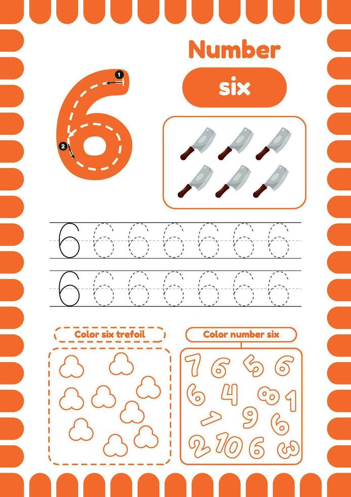 Kida activity pages. Learn numbers. Preschool worksheets. Number six. Axe vector