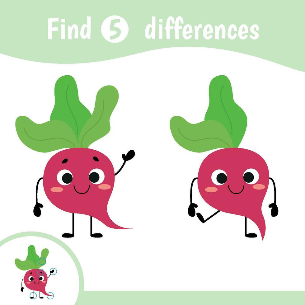 Find differences for kids. Educational game for children. Cartoon vector illustration of cute funny vegetables with faces. Beet