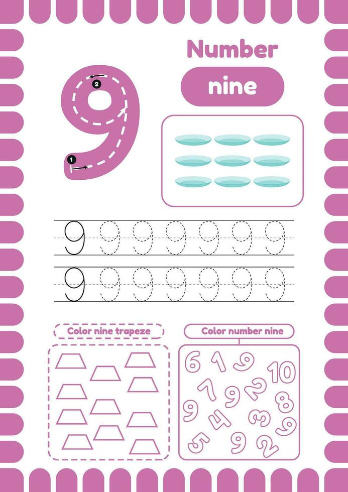 Kida activity pages. Learn numbers. Preschool worksheets. Number nine. Plate vector