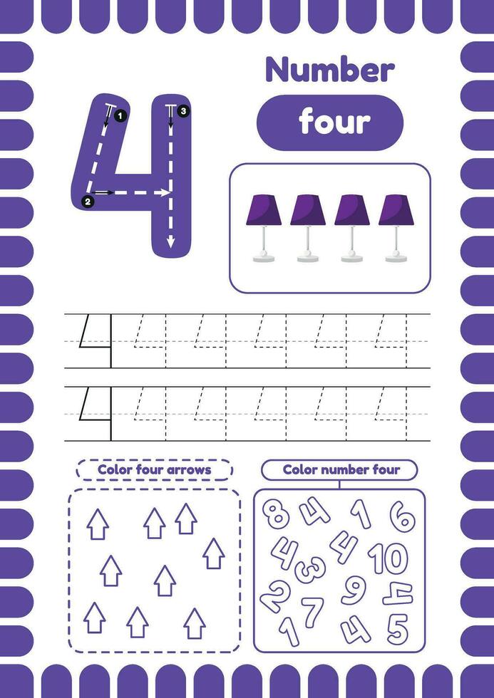 Kida activity pages. Learn numbers. Preschool worksheets. Number four. Lamp vector