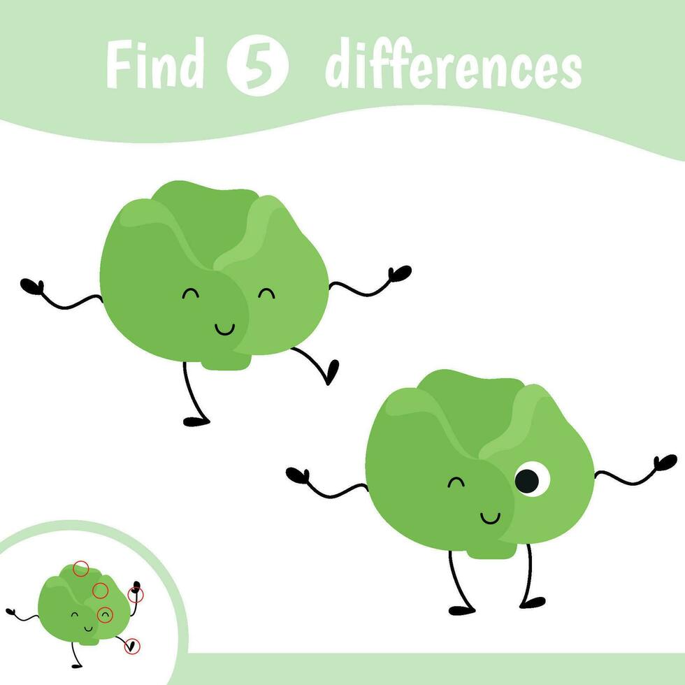 Find differences for kids. Educational game for children. Cartoon vector illustration of cute funny vegetables with faces. Cabbage