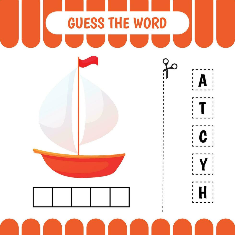 Guess the word educational learning game for preschool kids.  Yacht. Activity page. Word puzzle. Developing worksheet. vector