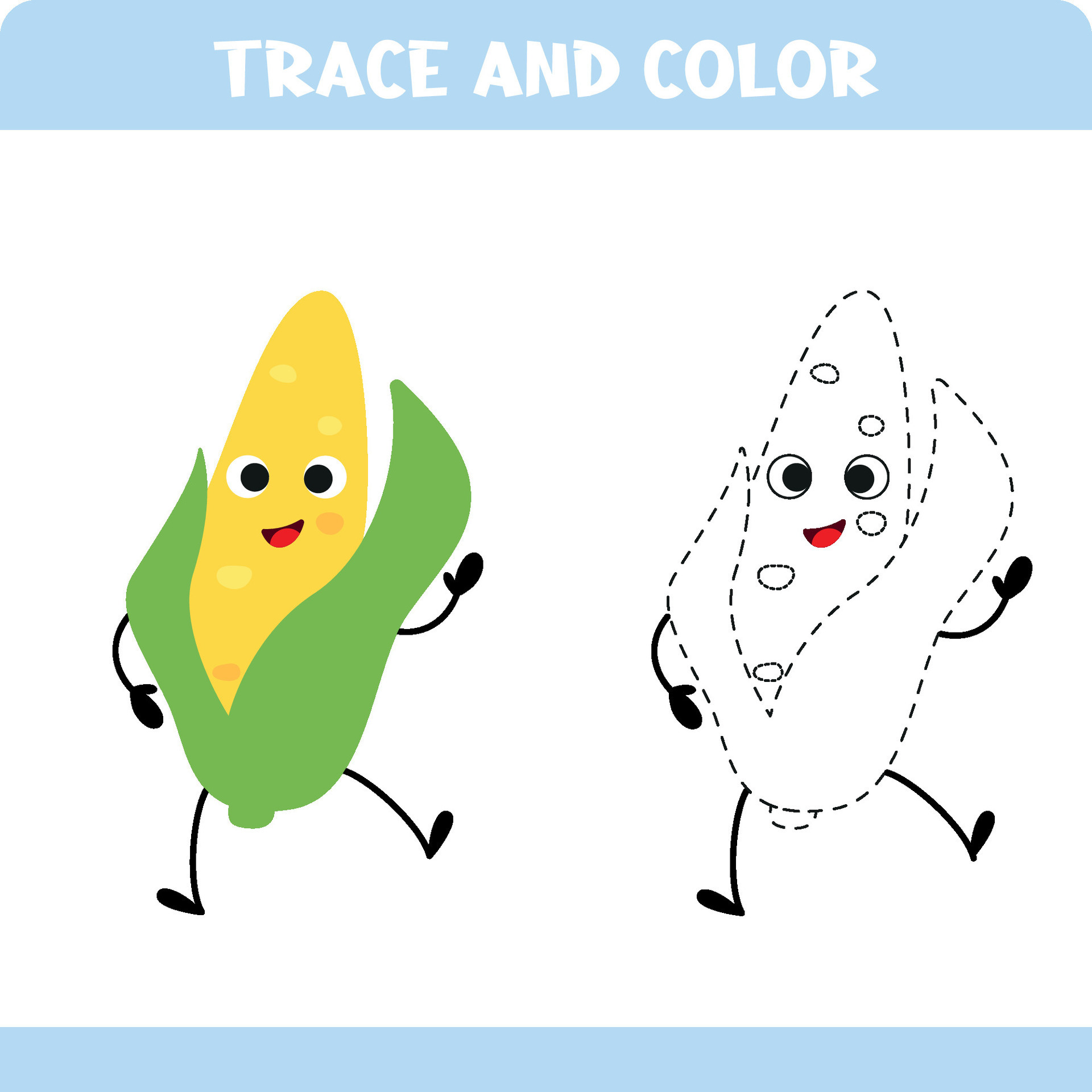Corn. Trace the line game for kids. Educational activity worksheets
